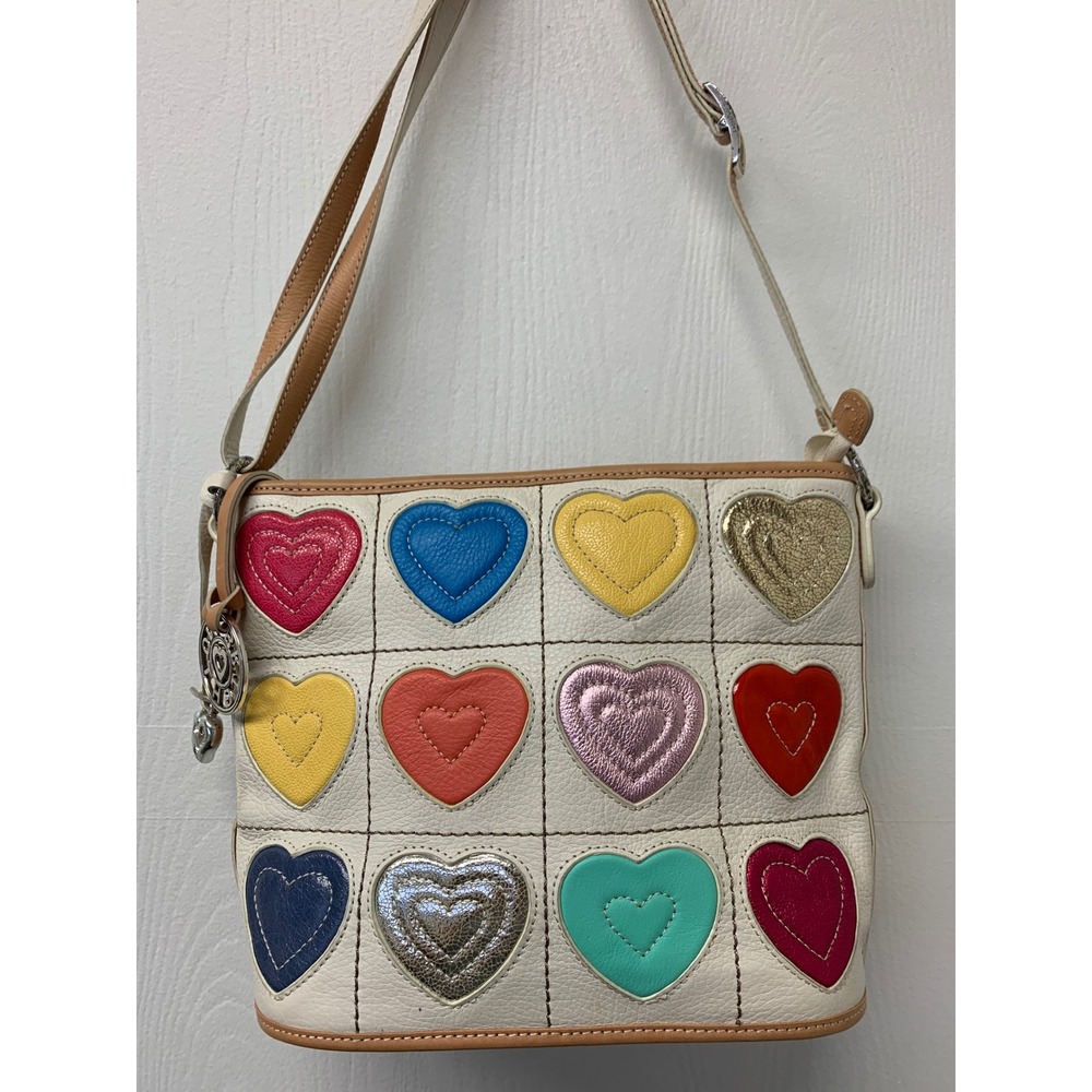Brighton White Leather Multicolor Heart Applique Shoulder Bag Crossbody Special